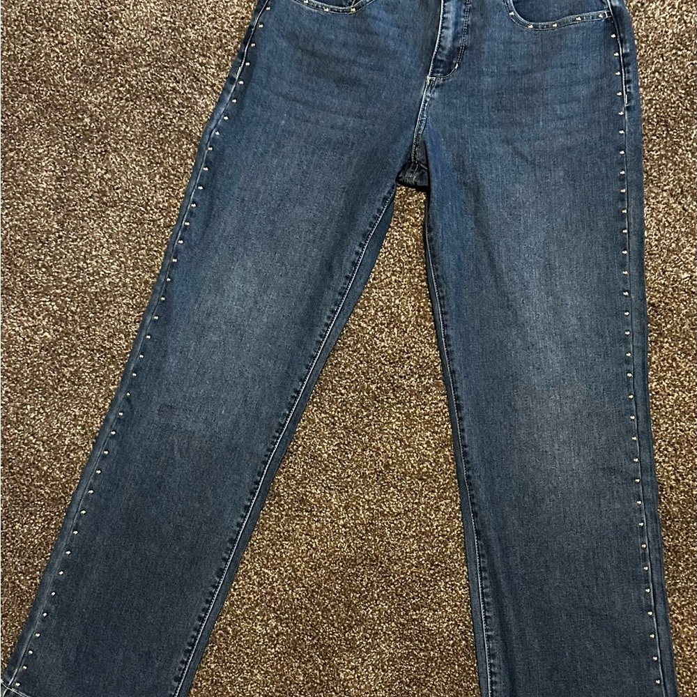 Express Women's Medium Blue Flare Jeans with Side Stud Trim